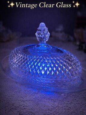 Vintage Clear Glass Covered Butter Dish Oblong Fairy Lamp Style